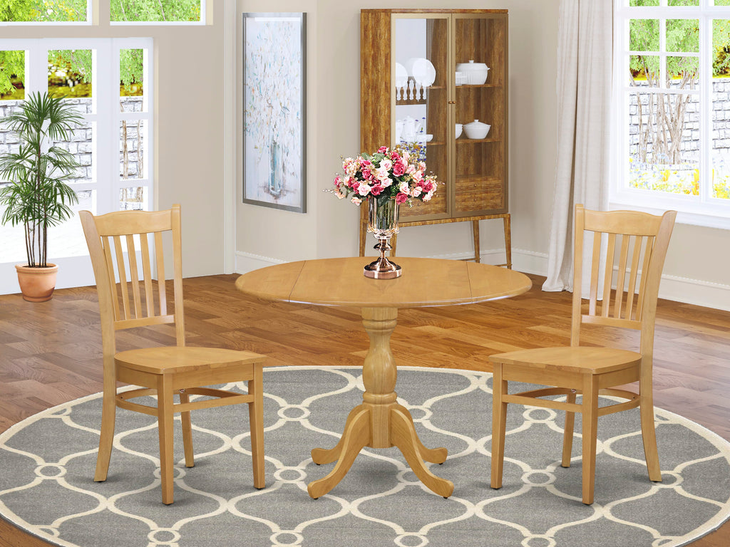 DMGR3-SIN-5 3 Piece Dining Collection with Round Drop-Leaf Table and 2 Chairs, Oak Finish, 42