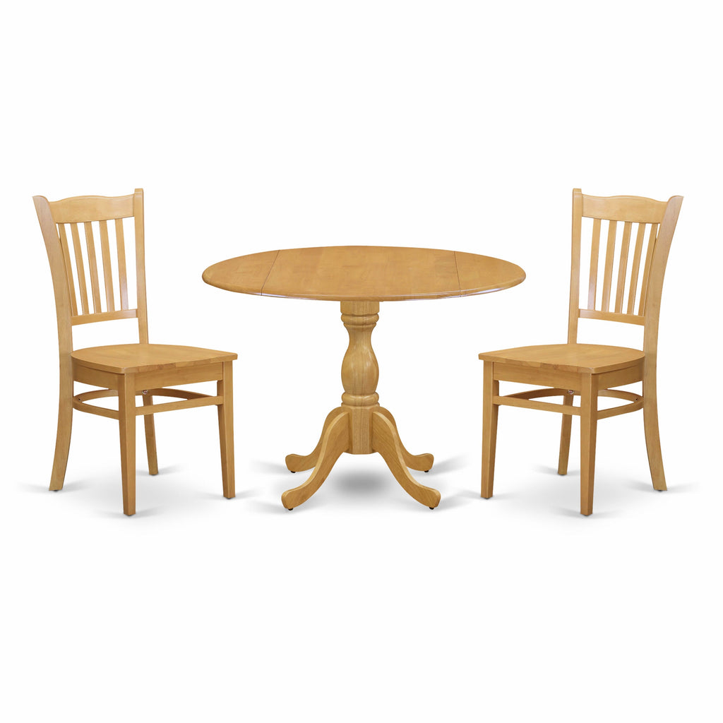 DMGR3-SIN-5 3 Piece Dining Collection with Round Drop-Leaf Table and 2 Chairs, Oak Finish, 42