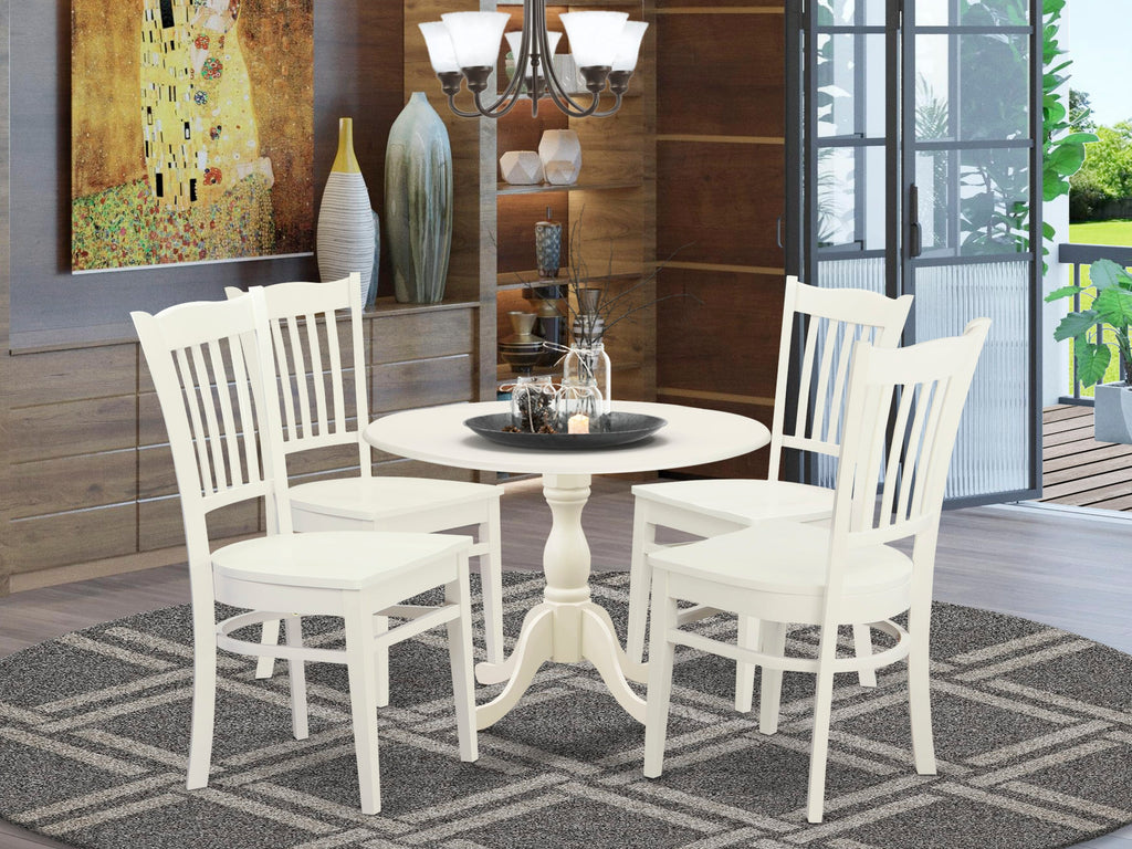 DMGR5-Z3T-M 5-Piece Dining Set with Round Dropleaf Table and 4 Chairs, 42-Inch, Linen White