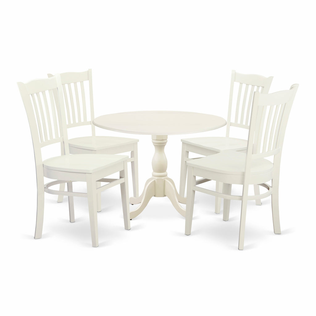 DMGR5-Z3T-M 5-Piece Dining Set with Round Dropleaf Table and 4 Chairs, 42-Inch, Linen White