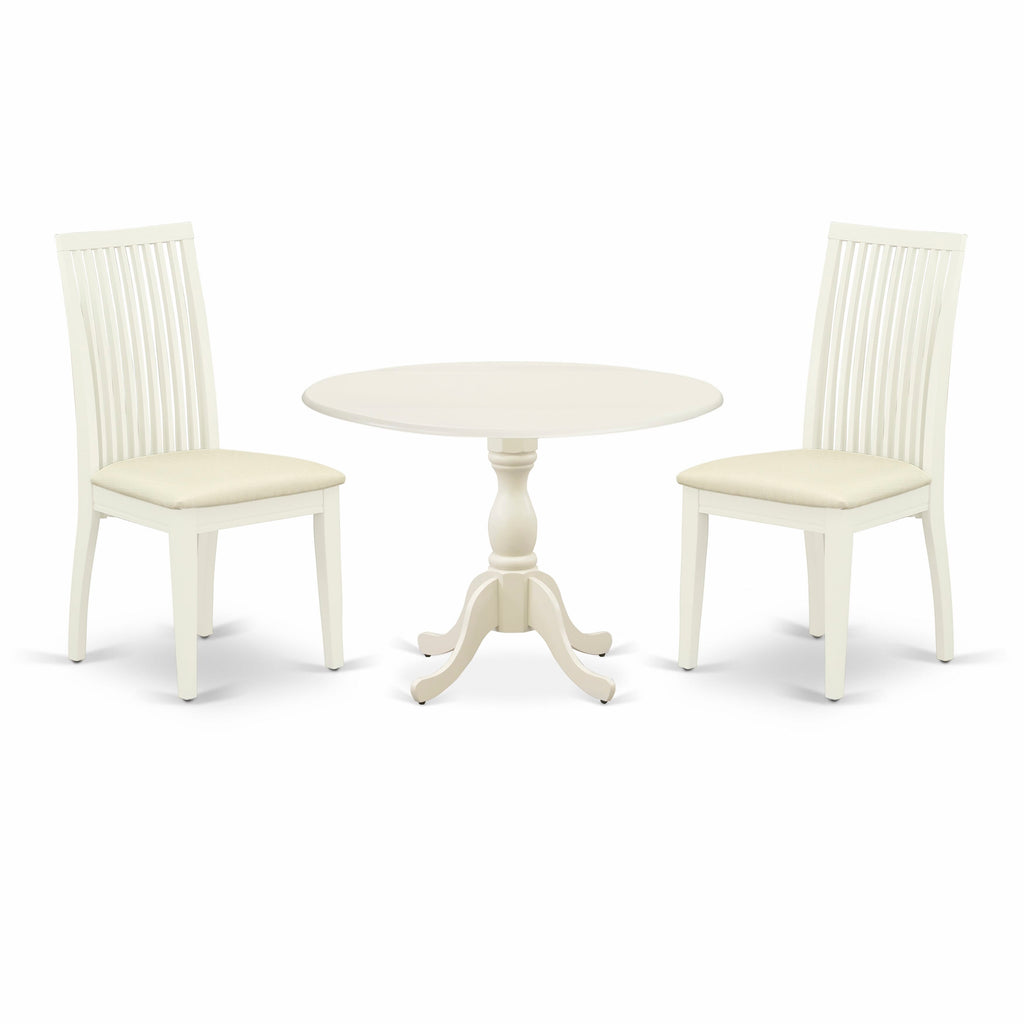 3-Piece Dining Set with Round Drop-Leaf Table and Upholstered Chairs ( DMIP3-ZQ4-8) in Linen White