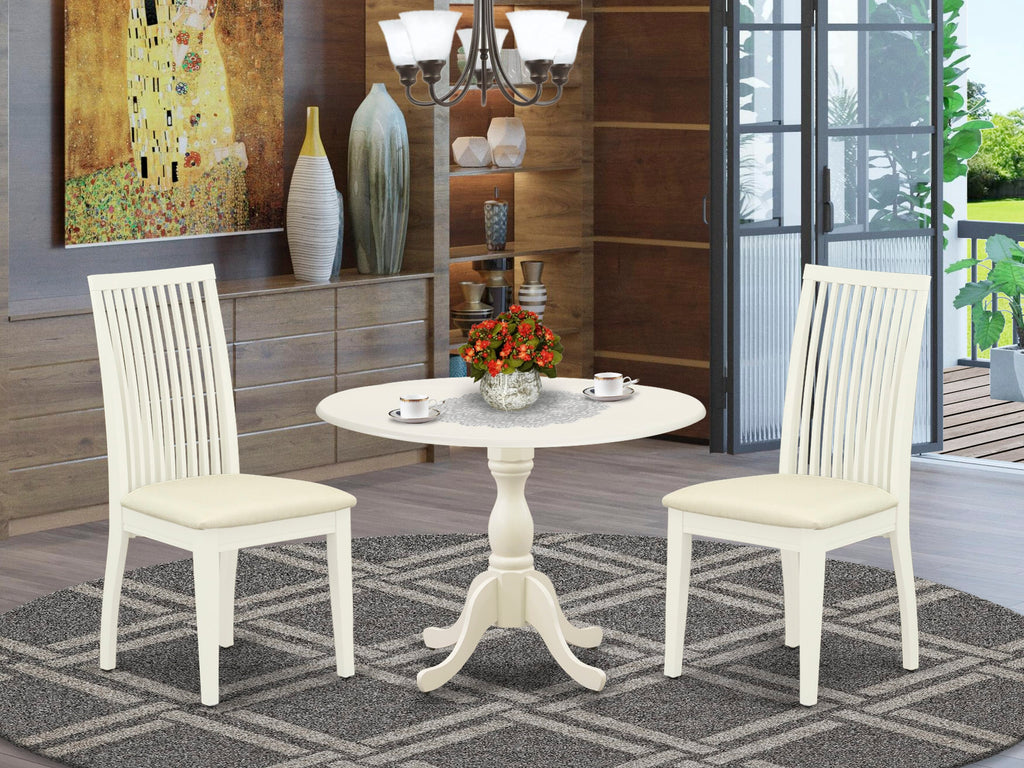 3-Piece Dining Set with Round Drop-Leaf Table and Upholstered Chairs ( DMIP3-ZQ4-8) in Linen White