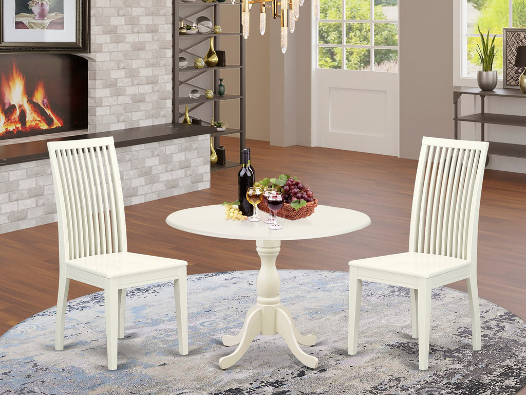 DMIP3-R27-X 3 Pc Set Round Dining Table with Foldable Leaf & 2 Chairs, 42x42 in Linen White