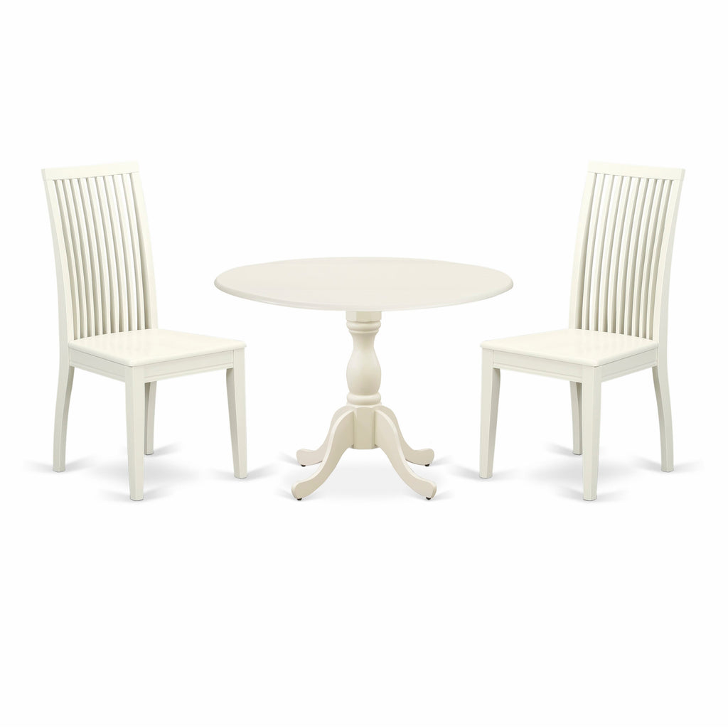 DMIP3-R27-X 3 Pc Set Round Dining Table with Foldable Leaf & 2 Chairs, 42x42 in Linen White