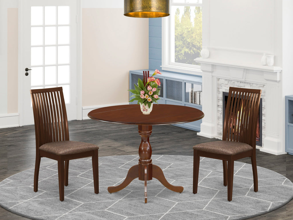 Round Mahogany 3-Piece Dining Ensemble with Drop Leaf & Fabric Chairs DMIP3-Y33-1
