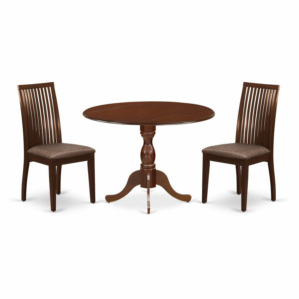 Round Mahogany 3-Piece Dining Ensemble with Drop Leaf & Fabric Chairs DMIP3-Y33-1