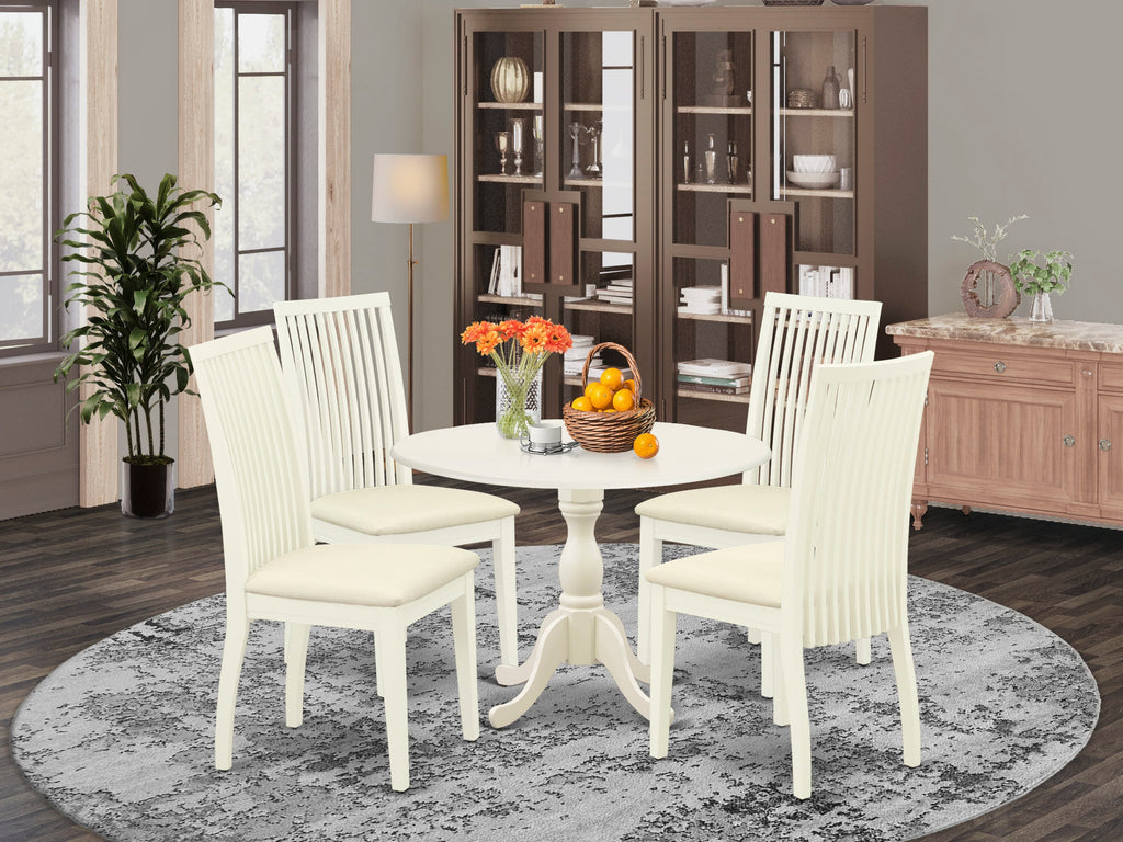 DMIP5-9NP-9 Contemporary 5-Piece Dining Set with Round Dropleaf Table & Linen Chairs, 42 White
