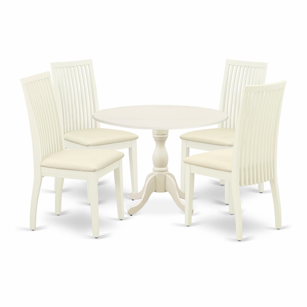 DMIP5-9NP-9 Contemporary 5-Piece Dining Set with Round Dropleaf Table & Linen Chairs, 42 White