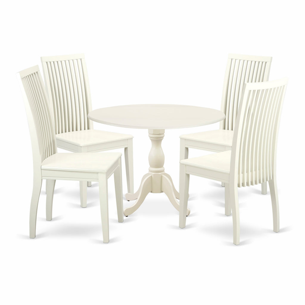 Stylish DMIP5-8BD-P Five-Piece Dining Set with Dropleaf Round Table and Chairs, Linen White Elegance