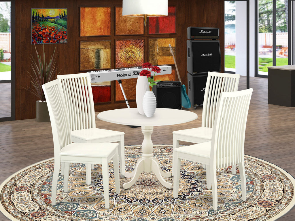 Stylish DMIP5-8BD-P Five-Piece Dining Set with Dropleaf Round Table and Chairs, Linen White Elegance