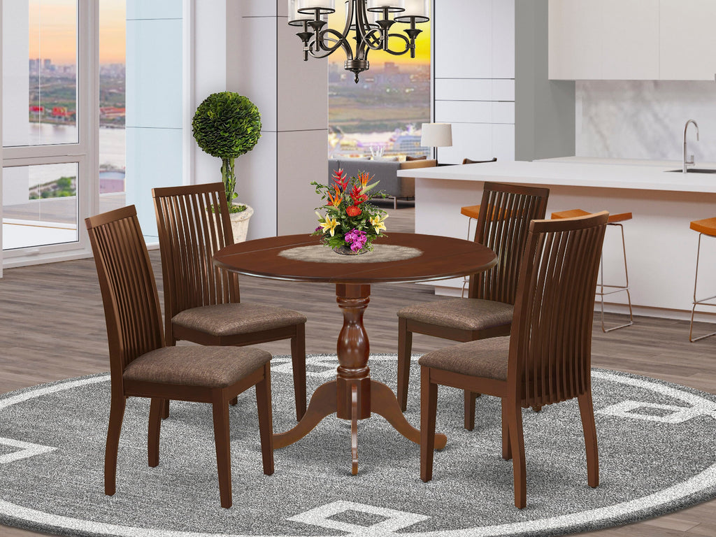 DMIP5-MQD-T Elegant 5-Piece Dining Set with Dropleaf Table and 4 Upholstered Chairs in Mahogany Finish, 42 by 42
