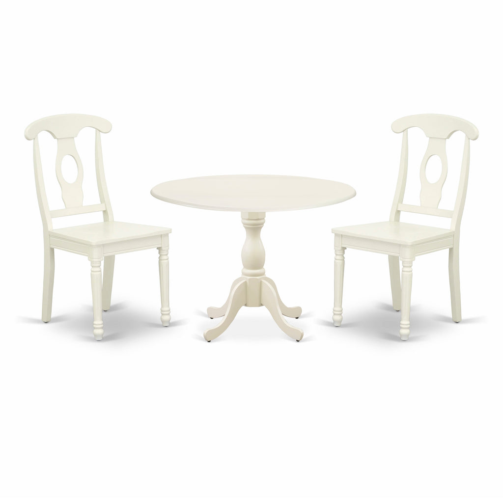 DMKE3-O1H-P Trio Dining Ensemble Round Dropleaf Table and 2 Chairs Set - 42 Linen White