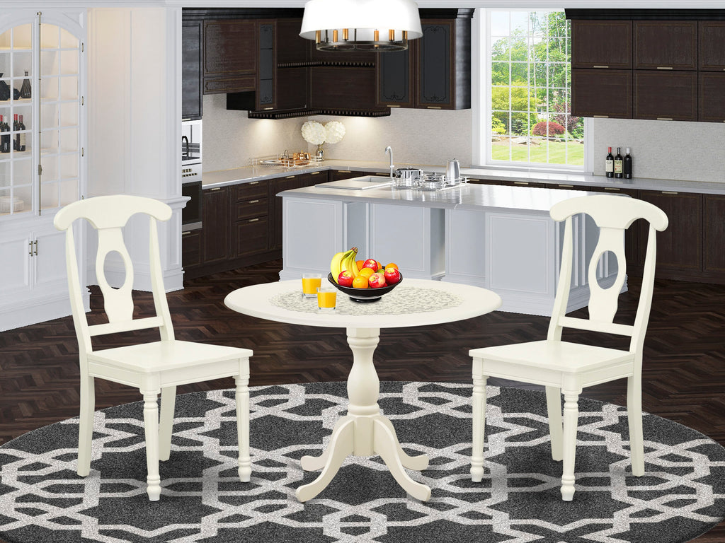 DMKE3-O1H-P Trio Dining Ensemble Round Dropleaf Table and 2 Chairs Set - 42 Linen White