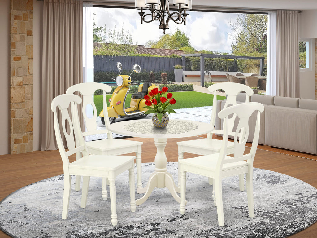 5-Piece Dining Set DMKE5-PHW-Q Featuring Drop Leaf Table and 4 Wood Seat Chairs, 42x42 Inch Leng