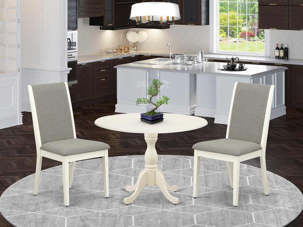 DMLA3-RD2-NO 3-Piece Round Table Dining Set with Dropleaf & Linen Fabric Parson Chairs in Neutral White