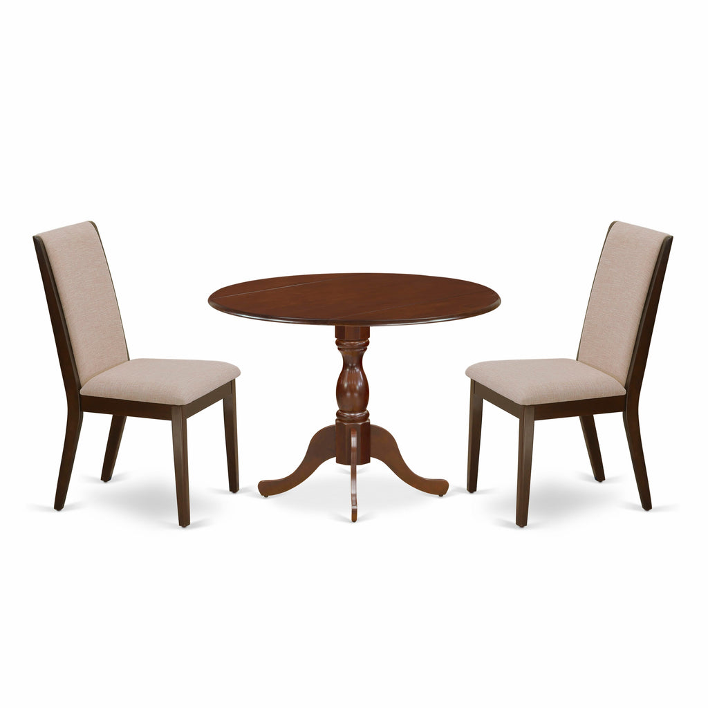 DMLA3-7XZ-F8 Compact 3-Piece Dining Set with Round Drop Leaf Table and Two Upholstered Linen Chairs, Mahogany Finish