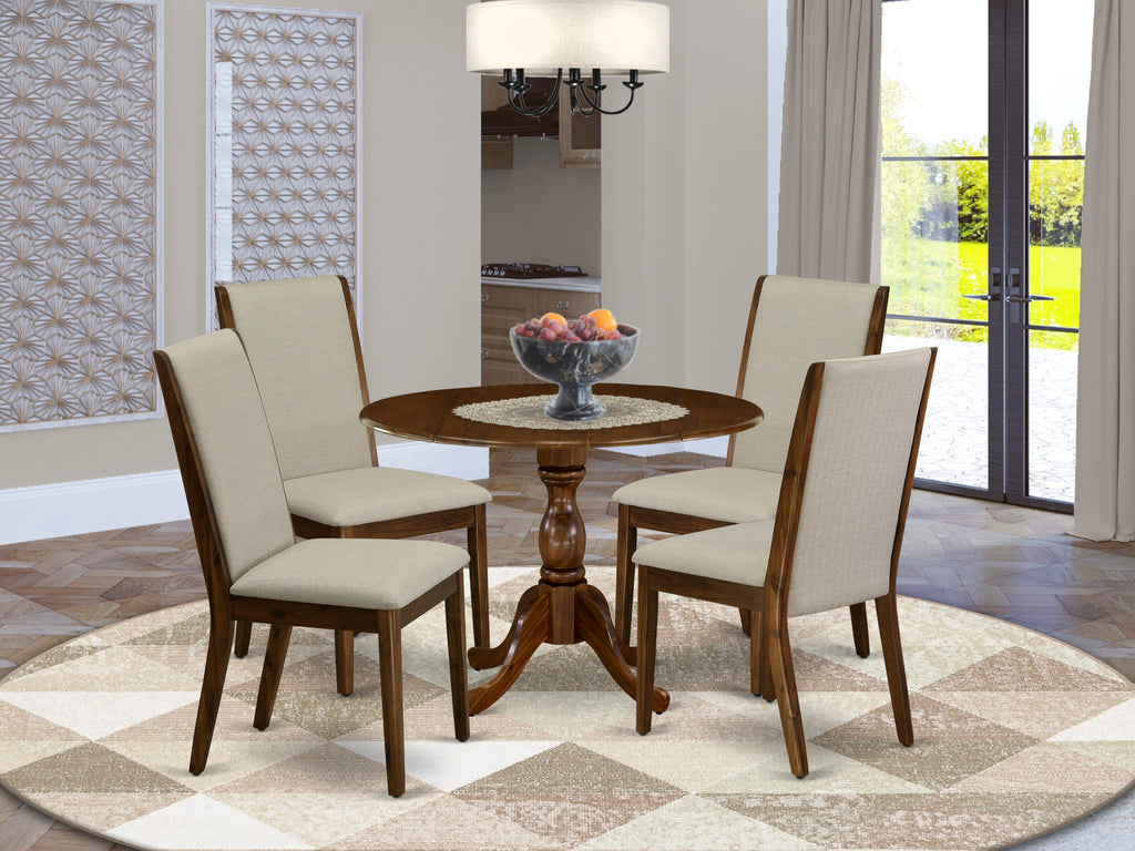 DMLA5-1YX-6B Dining Ensemble 5-Piece Package with Circular Table & Elegantly Upholstered Seats in Vintage Walnut