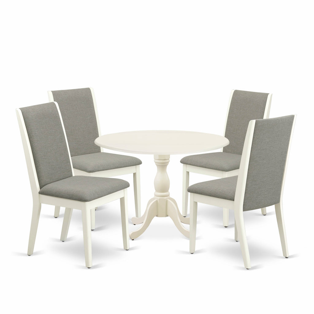 DMLA5-J1E-1P - 5 Pc Dining Set with Round Dropleaf Table & Linen Upholstered Chairs, 42 Linen White