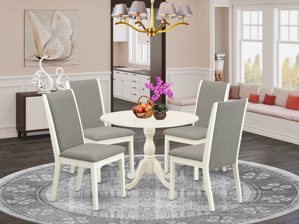 DMLA5-J1E-1P - 5 Pc Dining Set with Round Dropleaf Table & Linen Upholstered Chairs, 42 Linen White