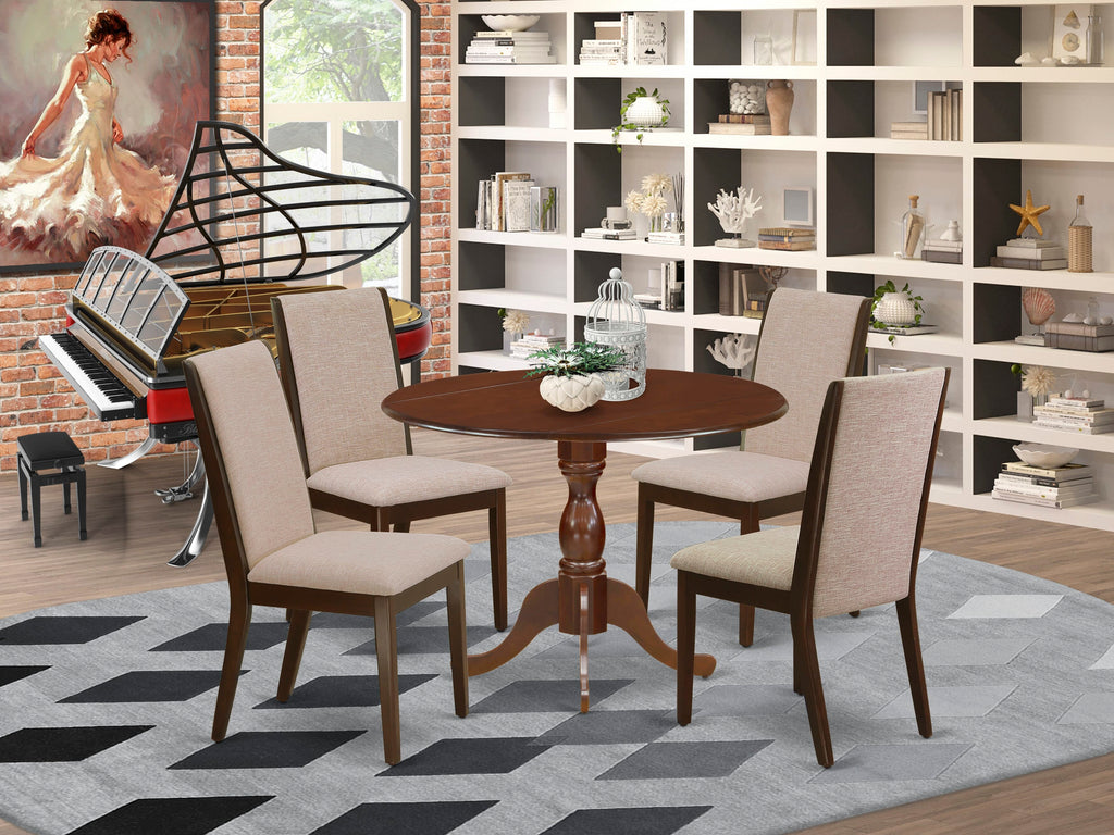 DMLA5-5SE-TZ Mahogany Dining Set Round Table with Dropleaf and 4 Upholstered Chairs for 4