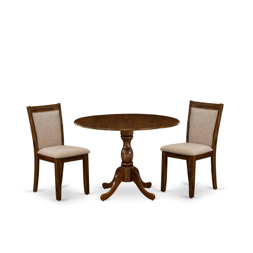 DMMZ3-V9F-K4 3-Piece Elegant Dining Set Round Dropleaf Table & Two Plush Light Tan Chairs with Solid Walnut Finish, 42x42 Inch