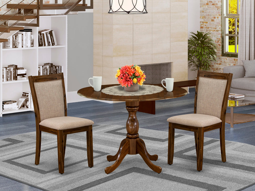 DMMZ3-V9F-K4 3-Piece Elegant Dining Set Round Dropleaf Table & Two Plush Light Tan Chairs with Solid Walnut Finish, 42x42 Inch