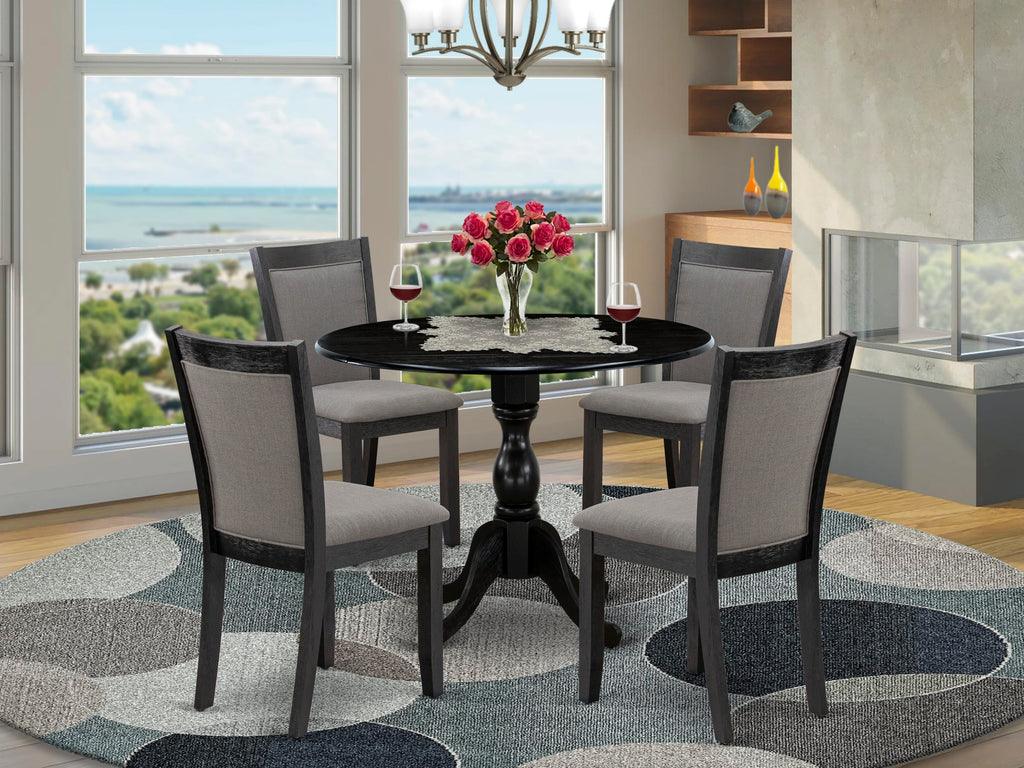 DMMZ5-0A7-AP 5-Piece Round 42 Dropleaf Dining Table Set with Gotham Grey Linen Parsons Chairs, Wirebrushed Black