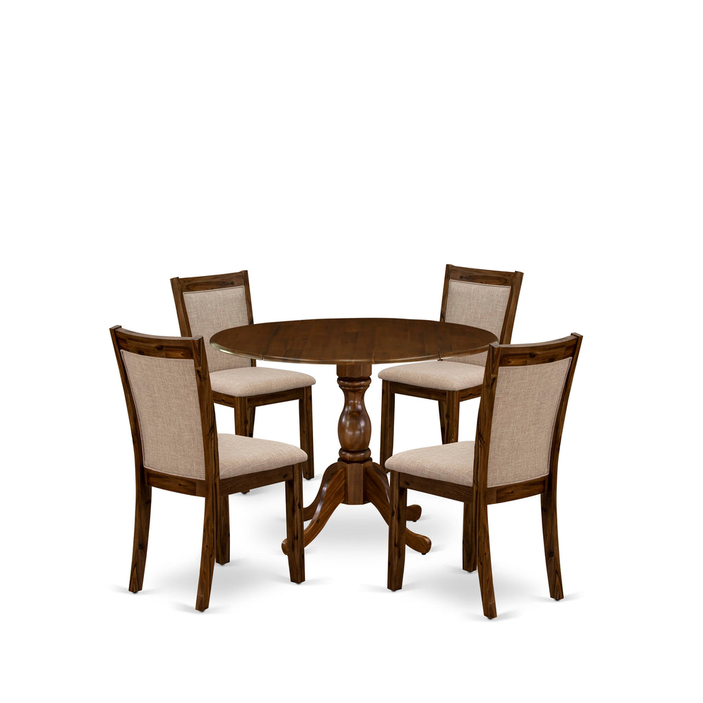 DMMZ5-YMB-BL 5-Piece Dining Ensemble with Round Drop-leaf Table and Light Tan Upholstered Chairs, Natural Walnut Finish