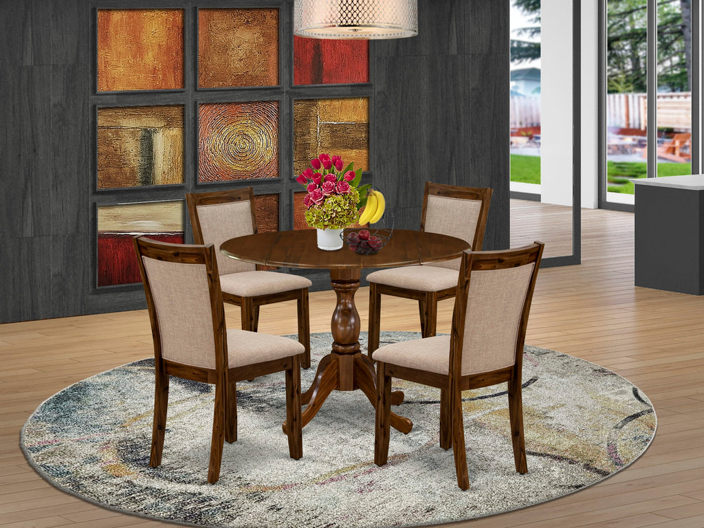 DMMZ5-YMB-BL 5-Piece Dining Ensemble with Round Drop-leaf Table and Light Tan Upholstered Chairs, Natural Walnut Finish