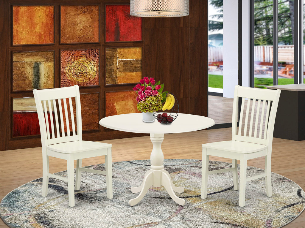 DMNF3-6IU-D Compact 3 Piece Set Space-Saving Round Table with Dropleaf and Two Chairs in White