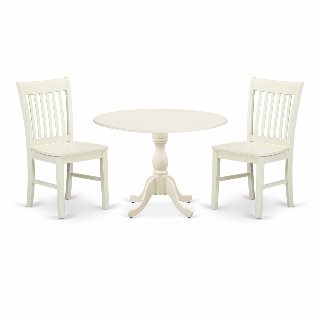 DMNF3-6IU-D Compact 3 Piece Set Space-Saving Round Table with Dropleaf and Two Chairs in White