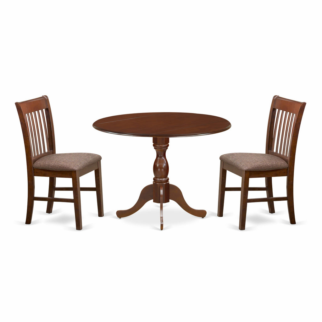 DMNF3-FUS-4 3-Piece Dropleaf Table & Linen Seats Set Featuring Round Design, 42x42, Mahogany Charm