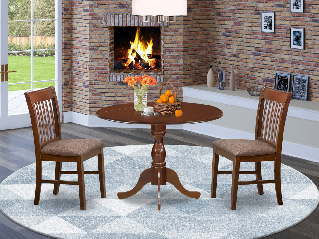DMNF3-FUS-4 3-Piece Dropleaf Table & Linen Seats Set Featuring Round Design, 42x42, Mahogany Charm