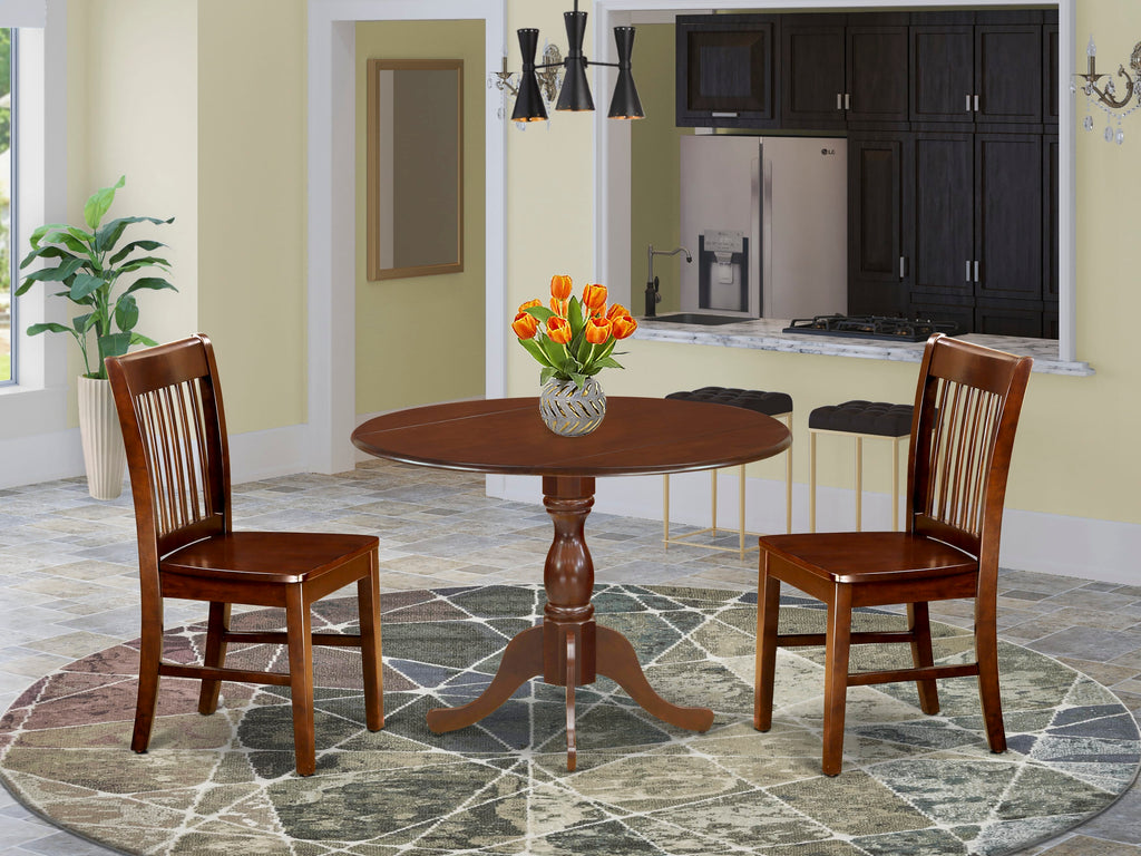 Elegant DMNF3-HI1-0 3-Piece Set Compact Dining Table with Dropleaf & Two Chairs, Mahogany Finish