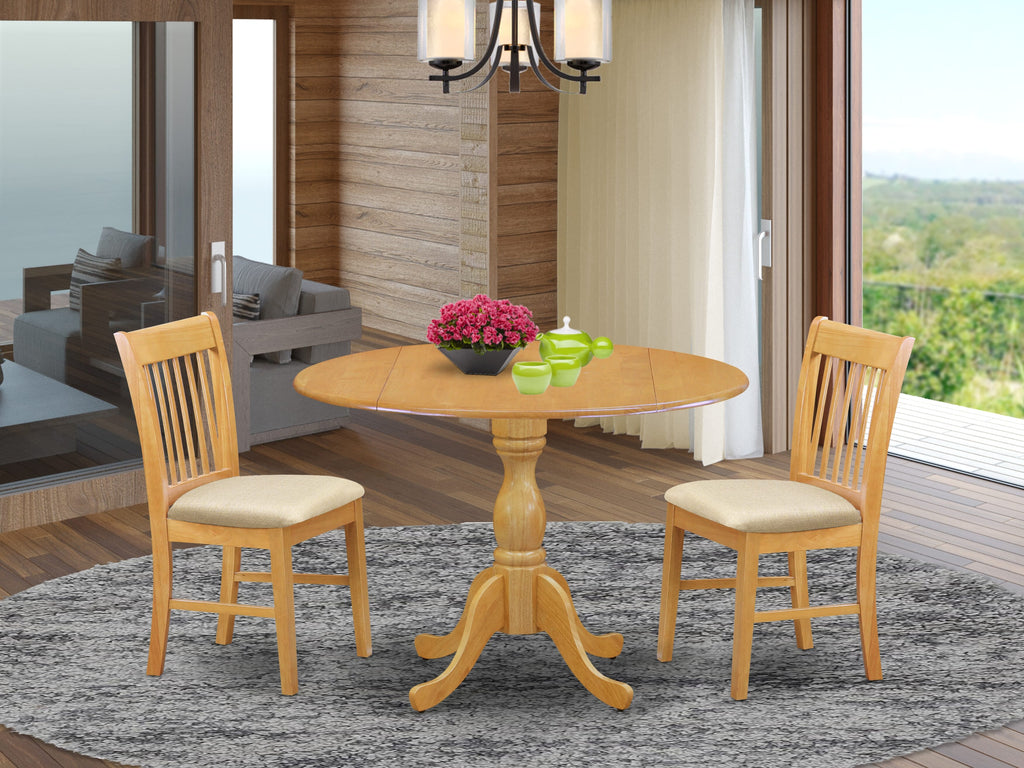 DMNF3-SCK-Z 3-Piece Dining Ensemble Round Drop-leaf Table & Two Upholstered Chairs, 42 Inch, Oak Finish