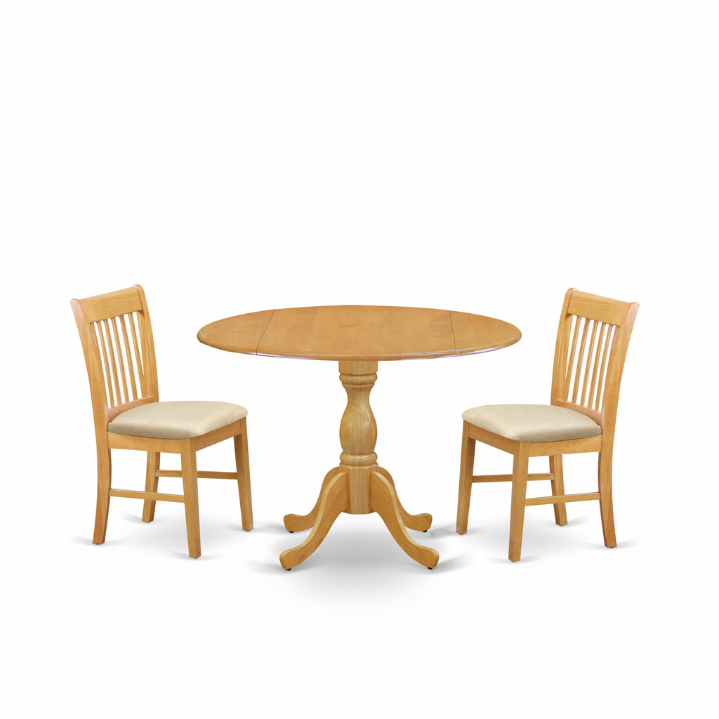 DMNF3-SCK-Z 3-Piece Dining Ensemble Round Drop-leaf Table & Two Upholstered Chairs, 42 Inch, Oak Finish