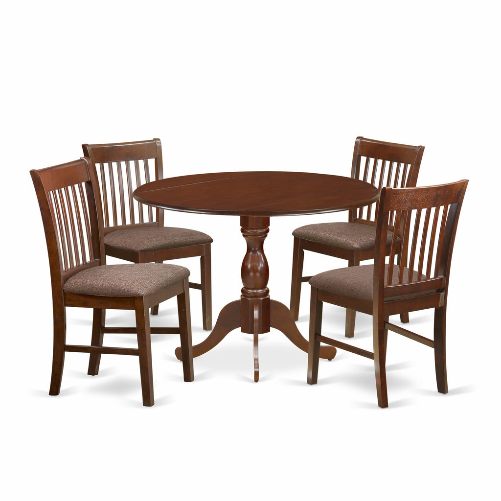 DMNF5-IE9-M 5-Piece Mahogany Round Dining Set with Dropleaf Table & Linen Upholstered Chairs, 42x42