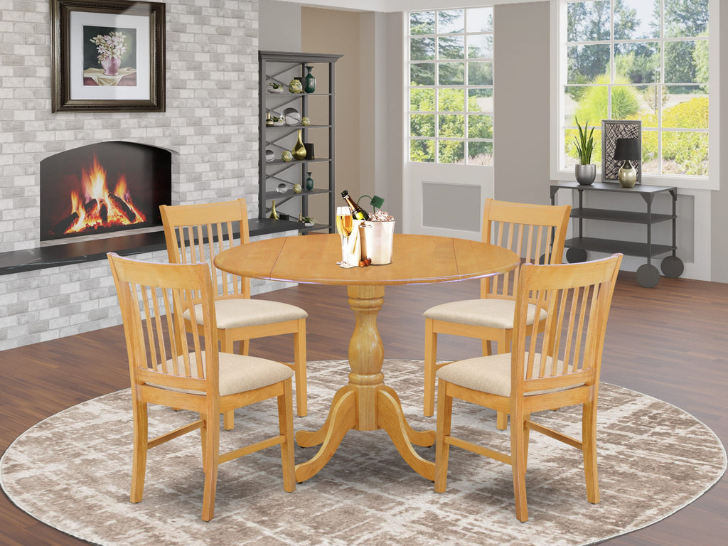 DMNF5-5HJ-D 5 Pc Dining Set with Round Table & Drop Leaf plus 4 Upholstered Chairs, 42 Inch Oak