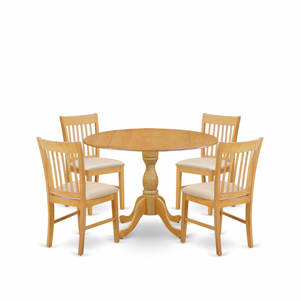 DMNF5-5HJ-D 5 Pc Dining Set with Round Table & Drop Leaf plus 4 Upholstered Chairs, 42 Inch Oak