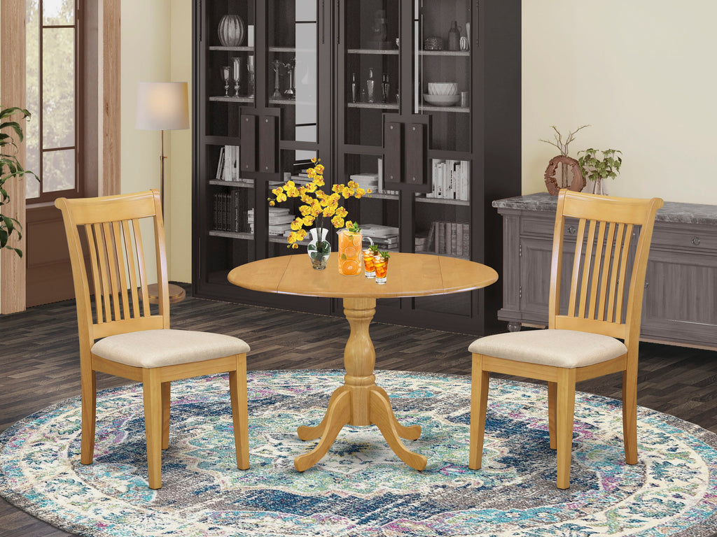 DMPO3-7RX-X 3-Piece Dropleaf Table Set with Round Oak Finish and Upholstered Linen Chairs, 42