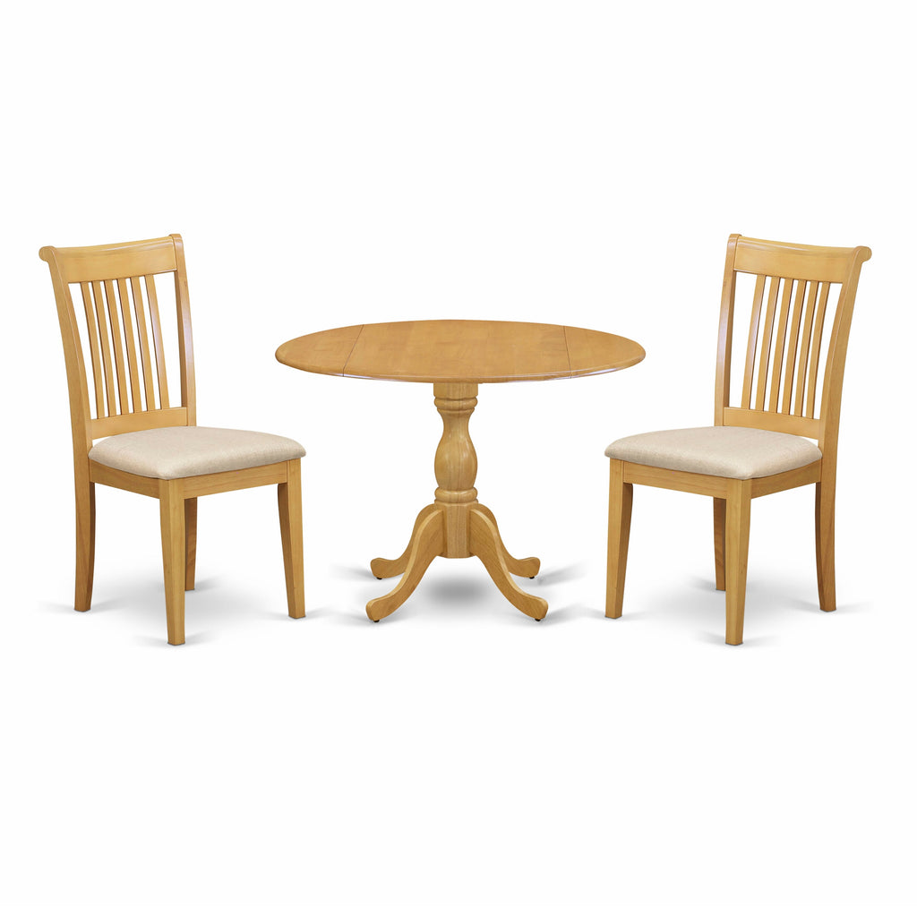 DMPO3-7RX-X 3-Piece Dropleaf Table Set with Round Oak Finish and Upholstered Linen Chairs, 42