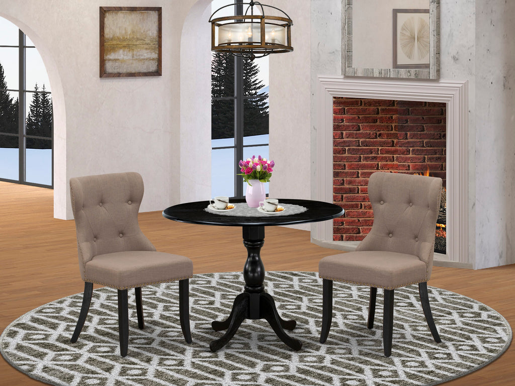 DMSI3-ULR-99 Compact Dining Set Dropleaf Table with Linen Parson Chairs in Wirebrushed Black, 42