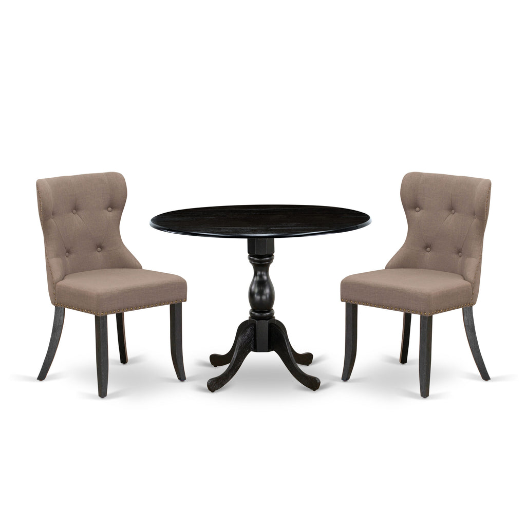 DMSI3-ULR-99 Compact Dining Set Dropleaf Table with Linen Parson Chairs in Wirebrushed Black, 42