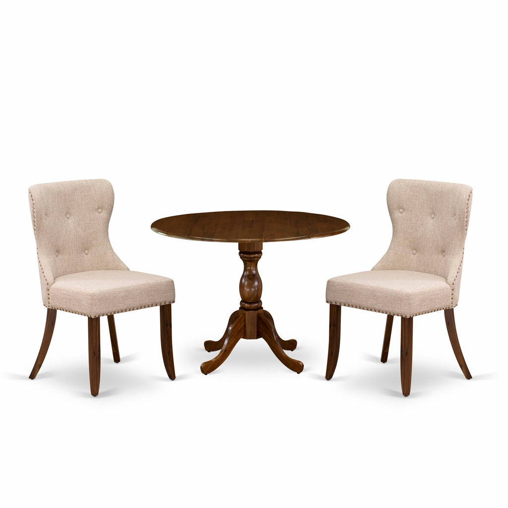 DMSI3-3XF-9X Elegant 3-Piece Set for Cozy Spaces Round Drop Leaf Table with Upholstered Chairs in Light Tan Linen, 42x42 Walnut Design