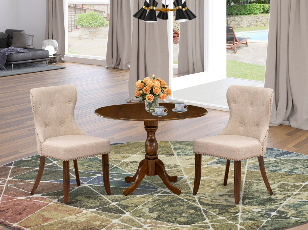 DMSI3-3XF-9X Elegant 3-Piece Set for Cozy Spaces Round Drop Leaf Table with Upholstered Chairs in Light Tan Linen, 42x42 Walnut Design