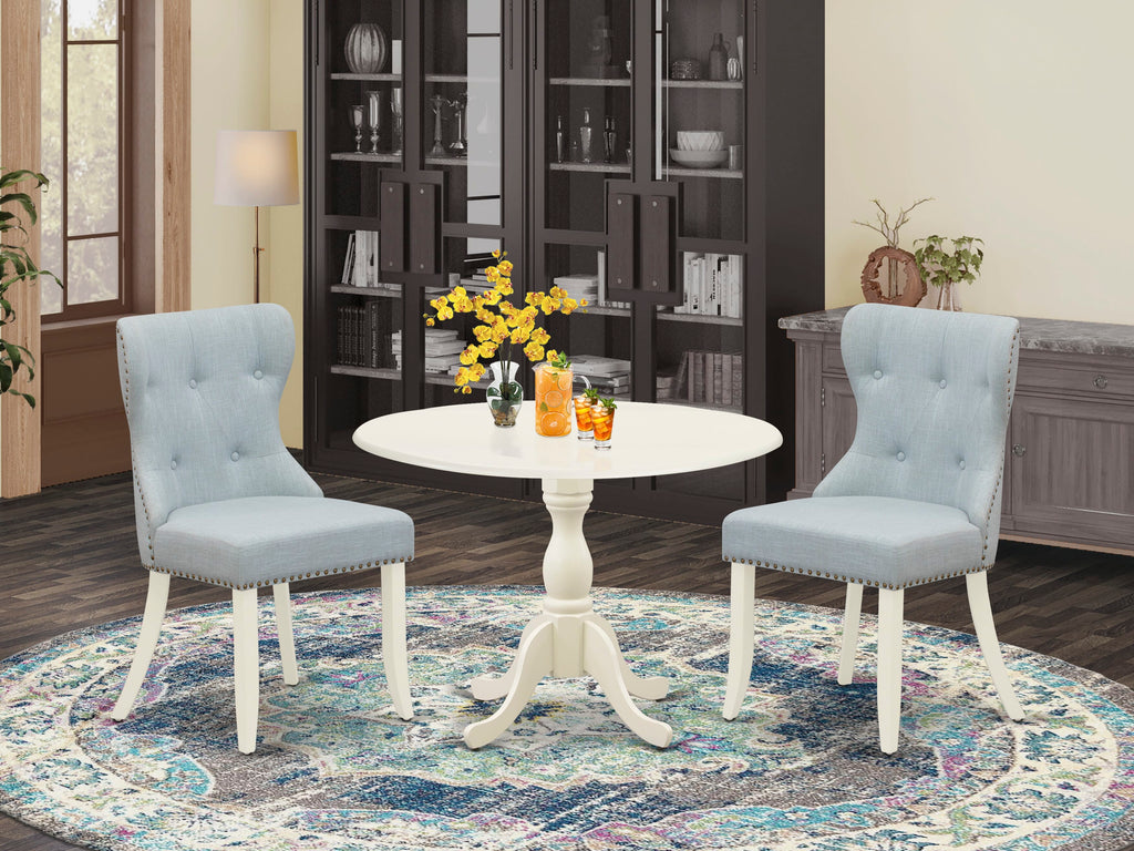 DMSI3-PTG-2V 3-Piece Dining Ensemble Dropleaf Round Table, 42-Inch & 2 Upholstered Baby Blue Chairs, Linen White Finish