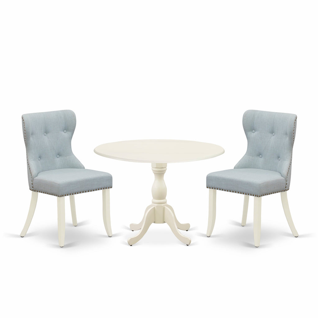DMSI3-PTG-2V 3-Piece Dining Ensemble Dropleaf Round Table, 42-Inch & 2 Upholstered Baby Blue Chairs, Linen White Finish
