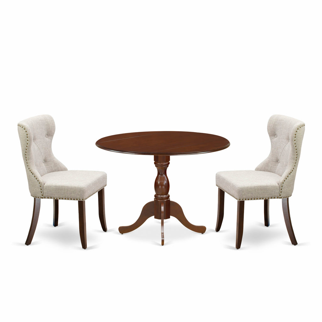 DMSI3-UGL-RQ 3-Piece Compact Dining Set, Mahogany Finish, Round Drop-leaf Table, Includes 2 Linen Parsons Chairs