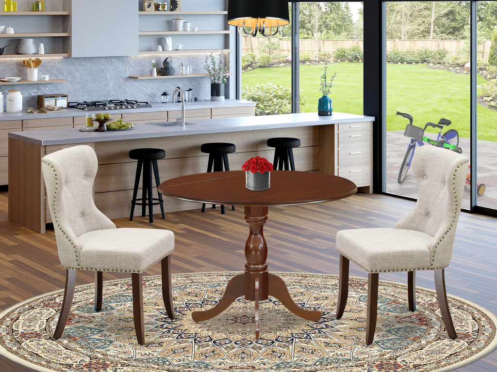 DMSI3-UGL-RQ 3-Piece Compact Dining Set, Mahogany Finish, Round Drop-leaf Table, Includes 2 Linen Parsons Chairs