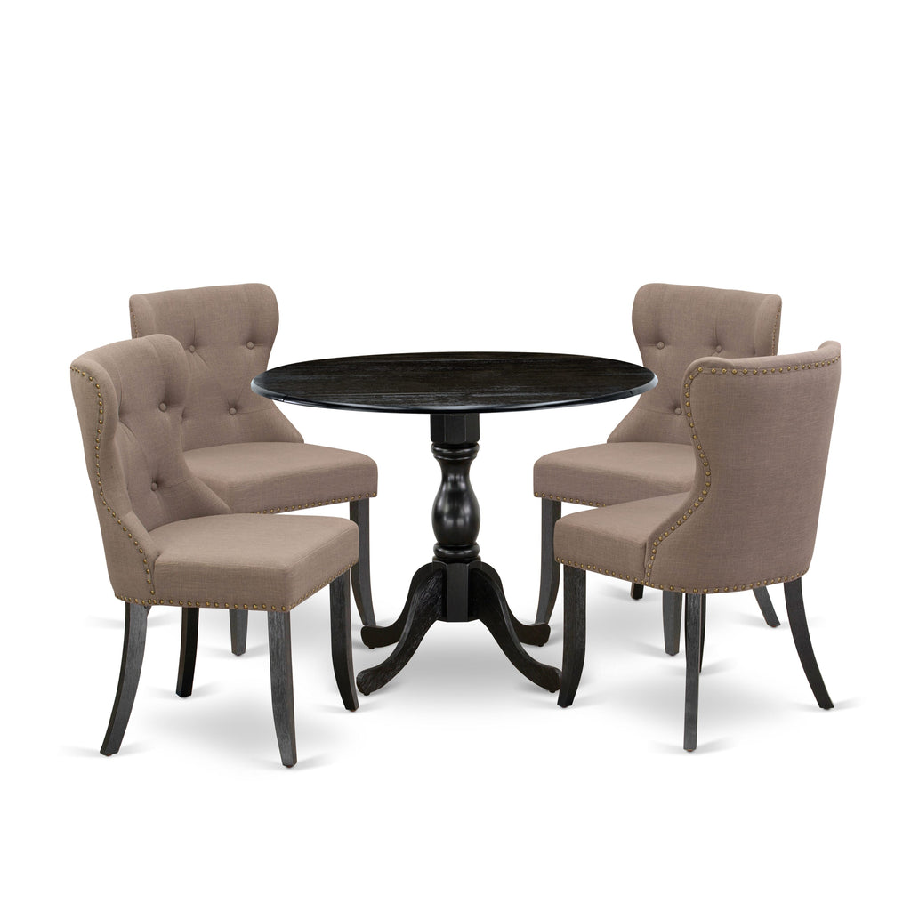 DMSI5-Q1U-XS Charming 5 Piece Round Dining Set with Dropleaf, Coffee Linen Chairs & Wirebrushed Elegance